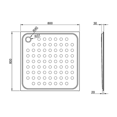 Brodzik 800x30x800 mm, stal nierdzewna mat