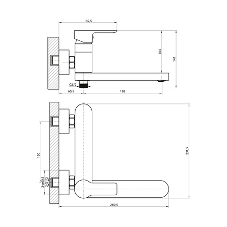PAX bateria wannowa ścienna z obrotową wylewką, czarny mat