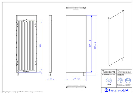 Instal Projekt Inventio Electro Grzejnik elektryczny  70x180 cm biały/silk ekran biały c36 INVE-70/180E36+GH-12C1