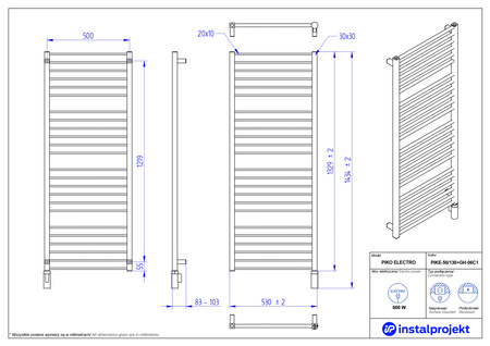 Instal Projekt Piko Electro Grzejnik elektryczny  50x130 cm biały mat/white mat PIKE-50/130C34+GH-06C1