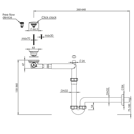 URBINO syfon umywalkowy oszczędzający miejsce, korek klik-klak, 5/4", odpływ 32mm, biały
