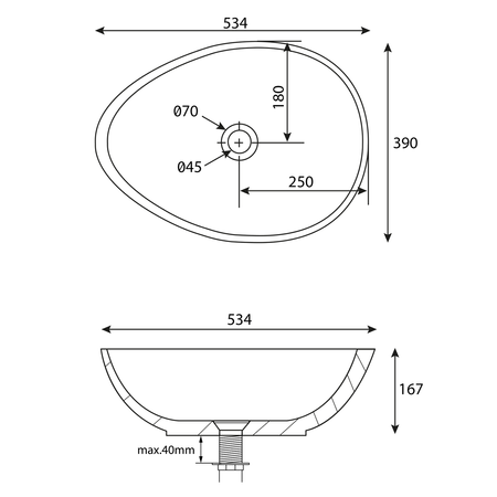 PUNC umywalka betonowa z korkiem, 53x39cm, czrany granit