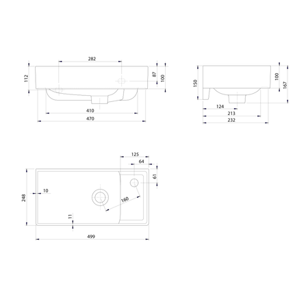 NUALI umywalka ceramiczna 50x25cm, bateria z prawej strony, biała