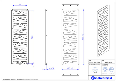Instal Projekt Bionic Electro Grzejnik elektryczny  50x160 cm srebrna struktura/aluminium BIOE2-50/160C18