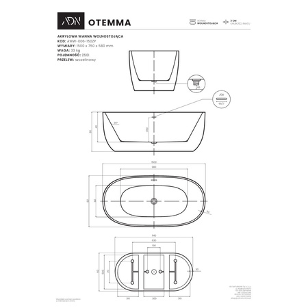 Wanna wolnostojąca OTEMMA 150 cm