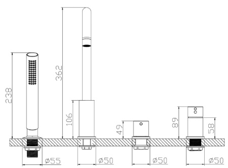 Bateria wannowa 4-otworowa, złota
