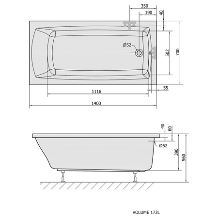 LILY wanna prostokątna 140x70x39cm, biały