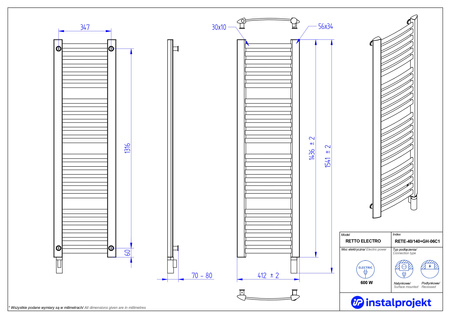 Instal Projekt Retto Electro Grzejnik elektryczny  40x140 cm czarny mat/black mat RETE-40/140C31+GH-06C2