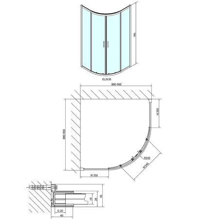 EASY kabina prysznicowa półokrągła 900x900mm, szkło BRICK