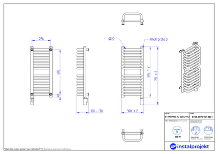 Instal Projekt Standard 3D Electro Grzejnik elektryczny  30x70 cm biały połysk/white silk STDE-30/70+GH-03C1