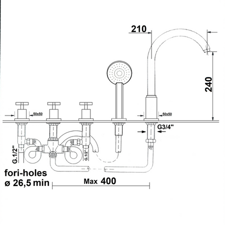 TRAX pięcioelementowa bateria na brzeg wanny, chrom