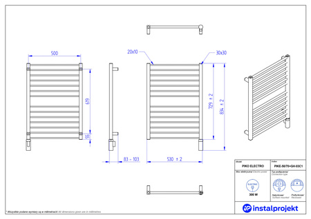 Instal Projekt Piko Electro Grzejnik elektryczny  50x70 cm biały mat/white mat PIKE-50/70C34+GH-03C1