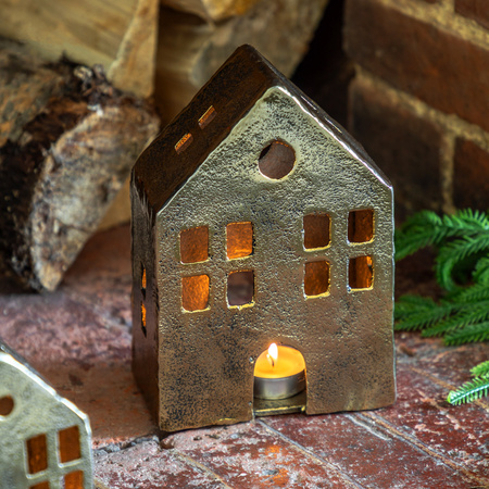 House Tealight Holder Antique Gold 130x70x185mm