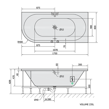 VIVA R wanna z hydromasażem, 175x80x47cm, Attraction Hydro-Air, chrom
