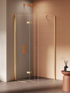 Kabina prysznicowa NEW SOLEO GOLD BRUSHED 1D kwadratowa L 90x90x195 szkło czyste 6mm Active Shield 2.0 - składane