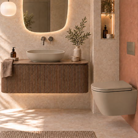 Zestaw RESORT FEELING umywalka nablatowa, Korek klik klak, Miska i Deska WC Cappuccino mat (514)