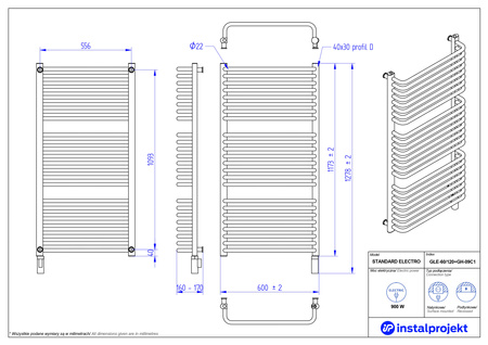 Instal Projekt Standard Electro Grzejnik elektryczny  60x120 cm biały połysk/white silk GŁE-60/120+GH-09C1
