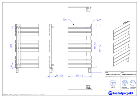Instal Projekt Nameless Electro Grzejnik elektryczny  50x90 cm biały mat/white mat NAME-50/90C34+GH-03C1