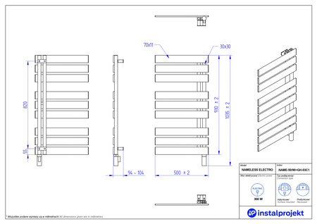 Instal Projekt Nameless Electro Grzejnik elektryczny  50x90 cm biały połysk/white silk NAME-50/90+GH-03C1