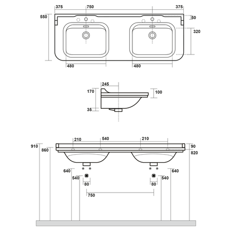 WALDORF umywalka ceramiczna podwójna 150x55cm, z 3 otworami na baterię, biały