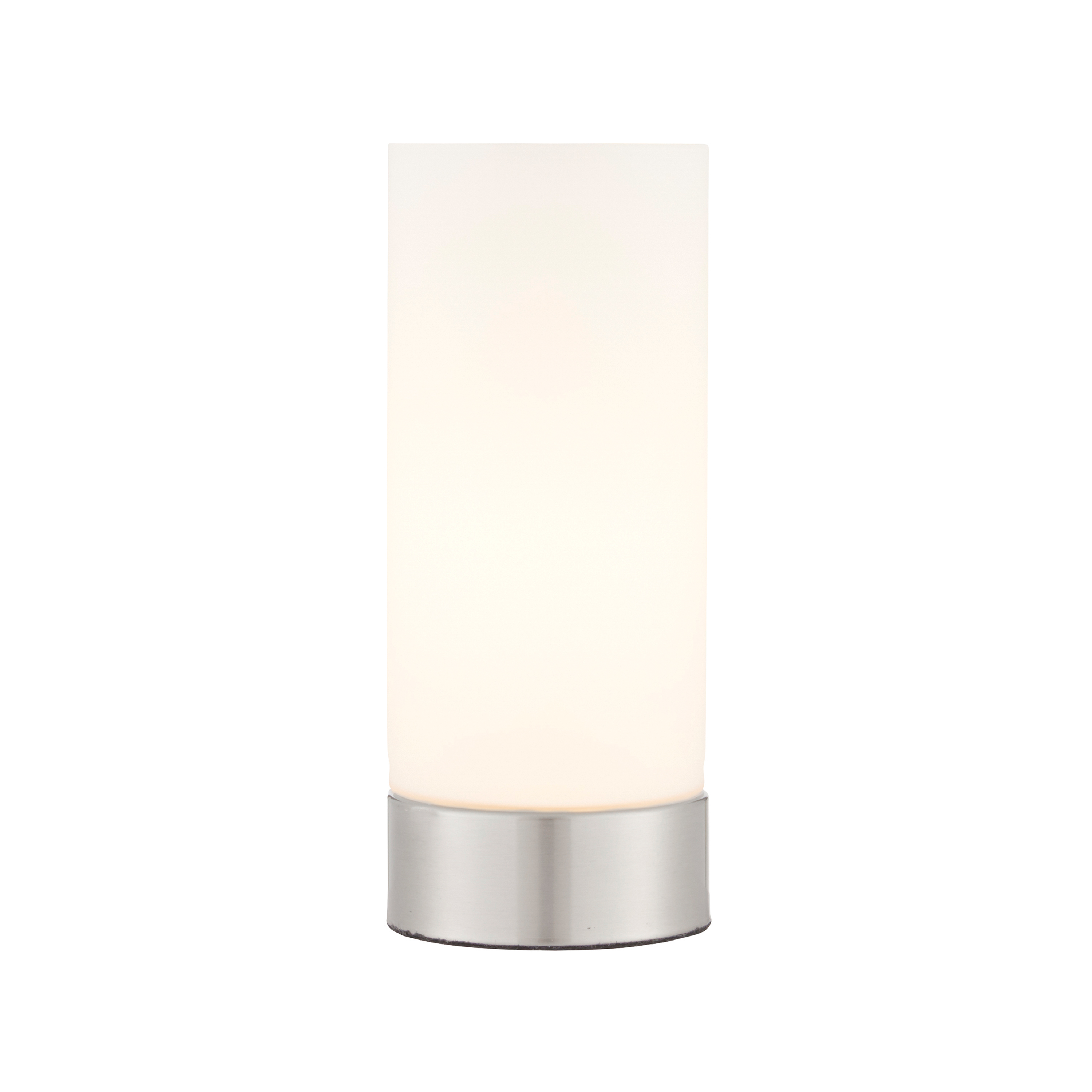 Lampa stołowa Dara – szczotkowany nikiel / szkło opalowe, 10 × 10 × 24 cm