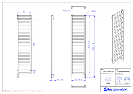 Instal Projekt Poppy Electro Grzejnik elektryczny  40x160 cm czarny mat/black mat PPYE-40/160C31+GH-06C2