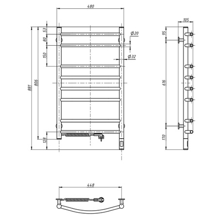 Grzejnik łazienkowy elektryczny Camellia 480х800 Sensor lewy, timer, czarna mora