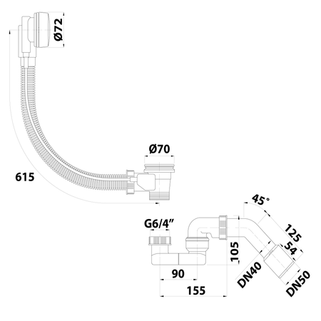 Zestaw odpływowy z syfonem L-610mm, DN 40/50, ABS/chrom