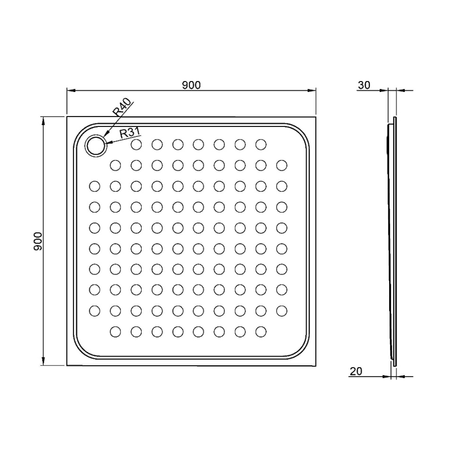 Brodzik 900x30x900 mm, stal nierdzewna mat