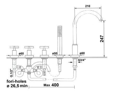 AXIA pięcioelementowa bateria na brzeg wanny, prysznic Link, chrom
