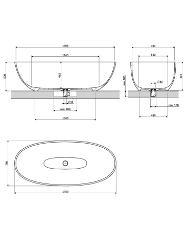 SHELL M+ wanna wolnostojąca, 175 x 78 cm, black lava mat