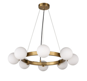 Lampa wisząca Molecula 60 cm – żyrandol, złoto szczotkowane, klosze mleczne