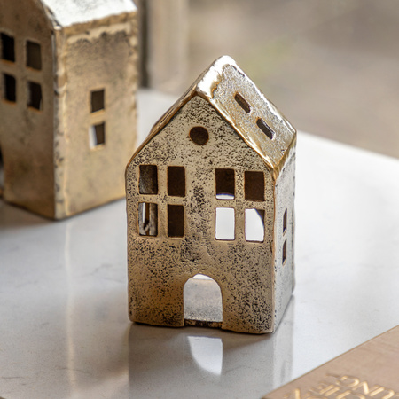 House Tealight Holder Antique Gold 85x70x140mm