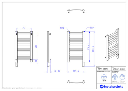 Instal Projekt Retto Electro Grzejnik elektryczny  40x70 cm biały mat/white mat RETE-40/70C34+GH-03C1
