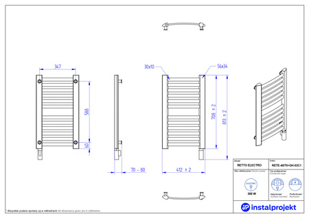 Instal Projekt Retto Electro Grzejnik elektryczny  40x70 cm biały połysk/white silk RETE-40/70+GH-03C1