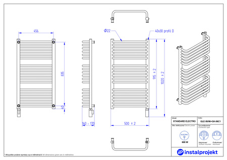 Instal Projekt Standard Electro Grzejnik elektryczny  50x90 cm biały połysk/white silk GŁE-50/90+GH-06C1