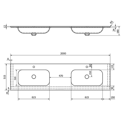 ARUBA umywalka podwójna, 200x51,5 cm, Rockstone biały mat