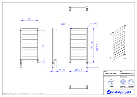 Instal Projekt Belti Electro Grzejnik elektryczny  40x80 cm biały mat/white mat BELE-40/80C34+GH-03C1