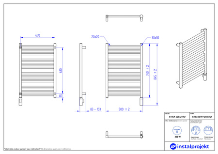 Instal Projekt Stick Electro Grzejnik elektryczny  50x70 cm biały mat/white mat STIE-50/70C34+GH-03C1