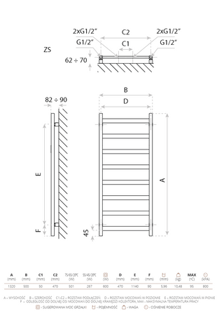 Grzejnik łazienkowy elektryczny Lungo White 1320 z grzałką White