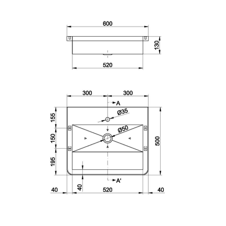 Umywalka wielostanowiskowa ścienna 600x130x500 mm, stal nierdzewna mat