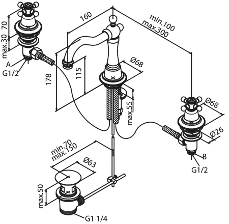 Bateria umywalkowa 3-otworowa chrom