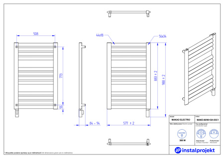 Instal Projekt Makao Electro Grzejnik elektryczny  60x90 cm biały połysk/white silk MAKE-60/90+GH-03C1