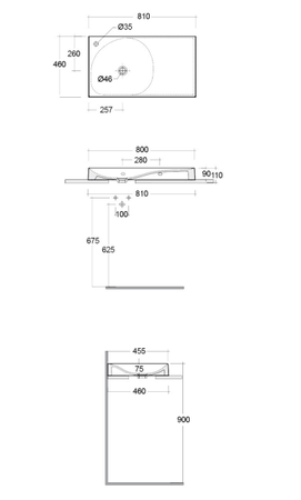 REMAL Umywalka podwieszana & nablatowa 81 x 46 cm R blat z prawej strony z otworem na baterię MICA WHITE