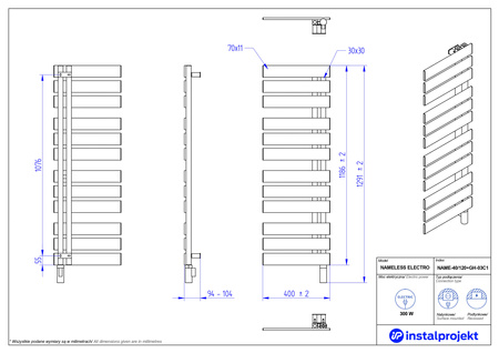 Instal Projekt Nameless Electro Grzejnik elektryczny  40x120 cm czarna struktura/black structure NAME-40/120C33+GH-03C2