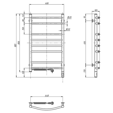 Grzejnik łazienkowy elektryczny Camellia 480х800 Sensor lewy, timer, czarna mora