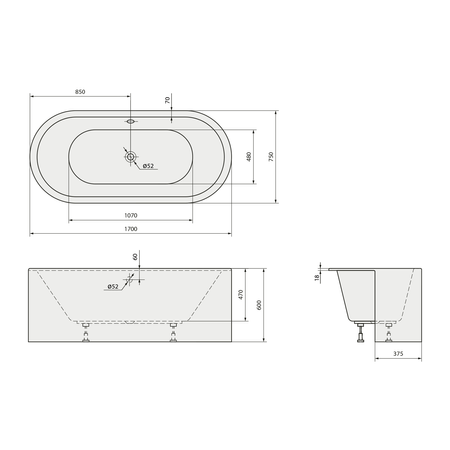 VIVA C MONOLITH owalna półwpuszczana wanna 170x75x60cm, biały