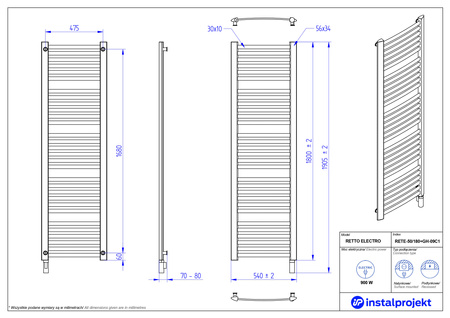 Instal Projekt Retto Electro Grzejnik elektryczny  50x180 cm biały mat/white mat RETE-50/180C34+GH-09C1