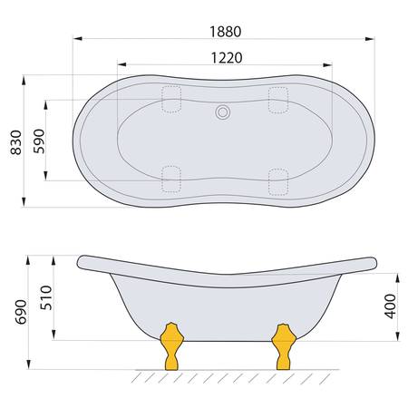 CHARLESTON wanna wolnostojąca 188x83x69cm, nogi chrom, czarno/biała
