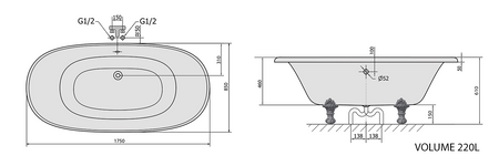REGATA wanna wolnostojąca 175x85x61cm, nogi białe, biała